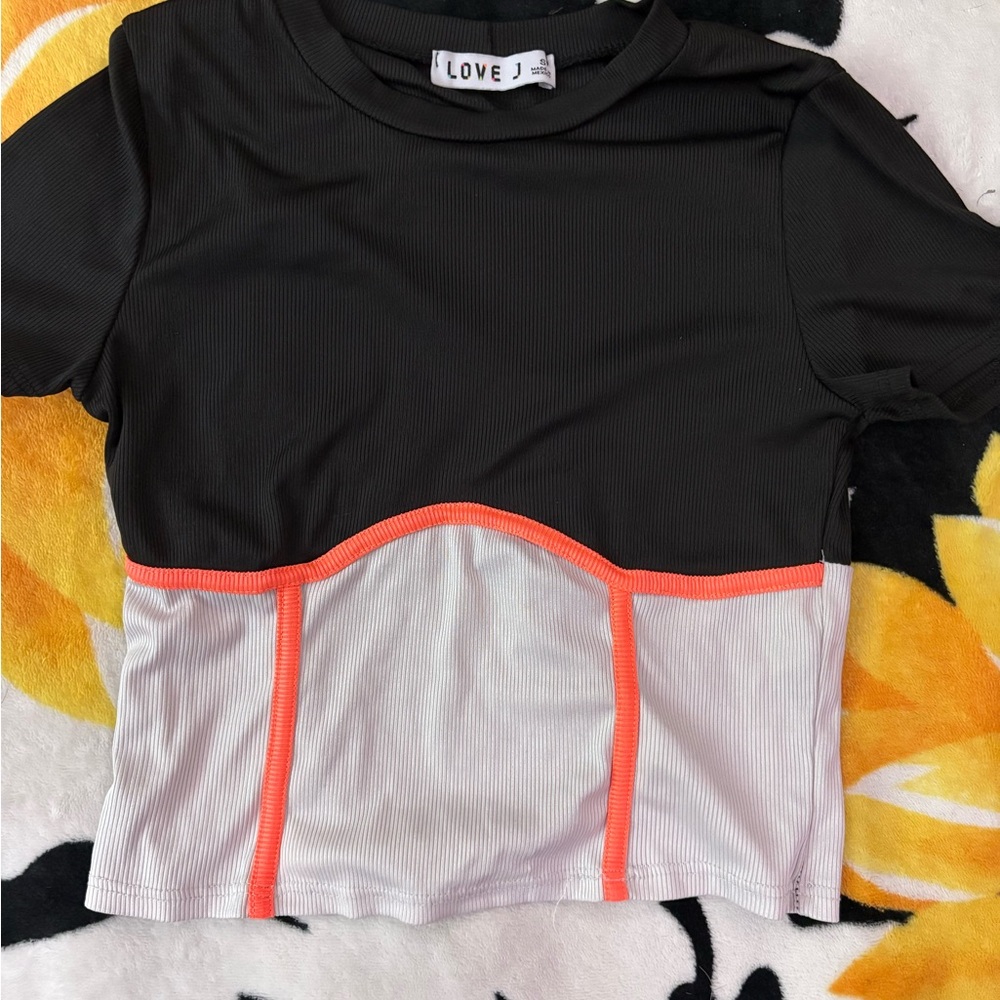 Love J Black and White Short Sleeve Tee with Coral Accents